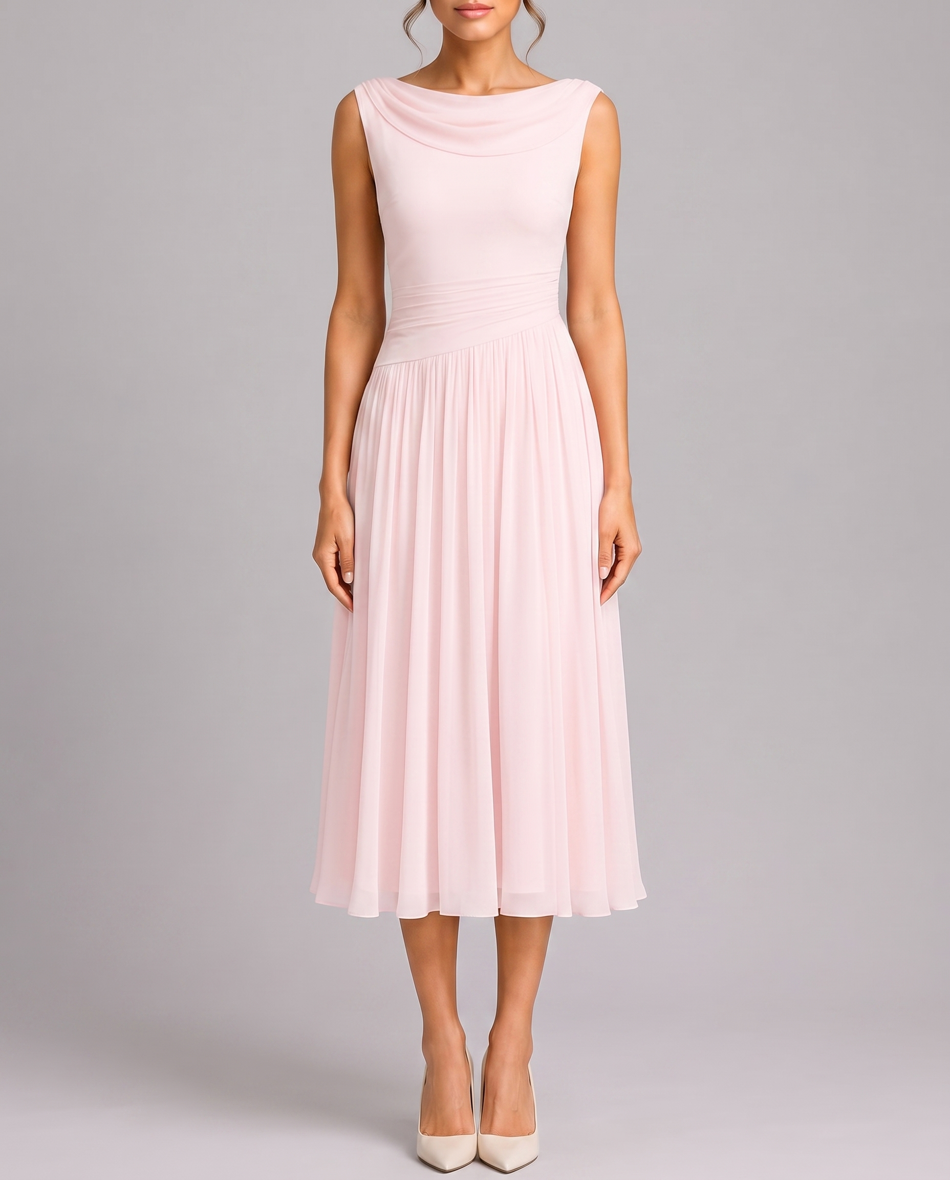 Elegant Pleated Midi Dress with Draped Neckline