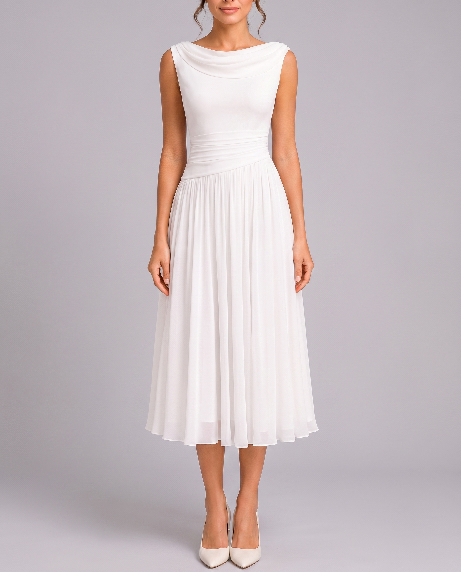 Elegant Pleated Midi Dress with Draped Neckline