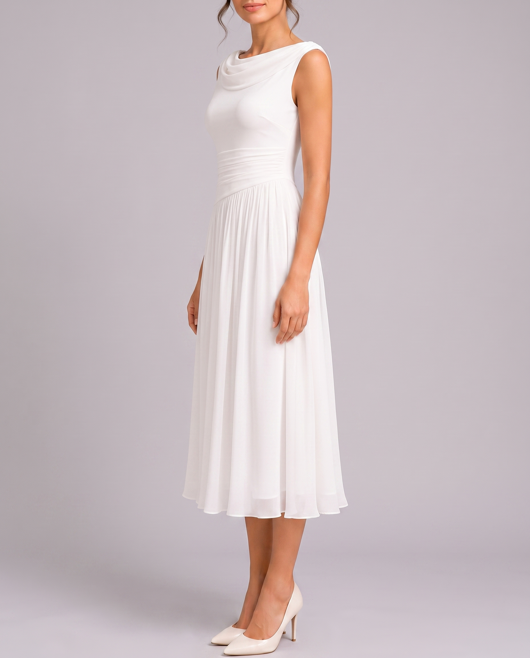 Elegant Pleated Midi Dress with Draped Neckline